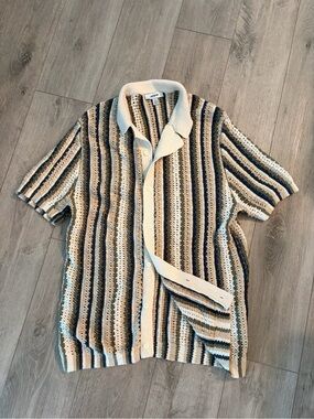 Jason Wu Cream, Navy & Tan Striped Crochet Polo Shirt